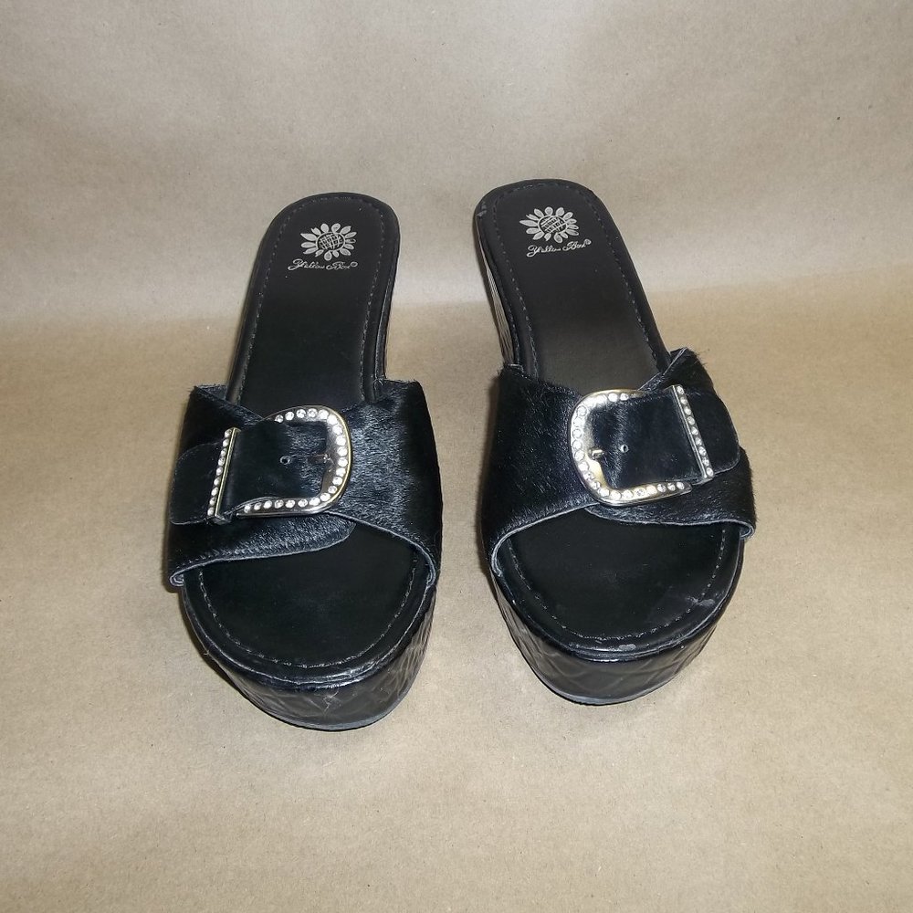 Yellow Box Women's Sz 11 Jungle Black Calf Hair Leather Buckle Strap Slip On Cl2